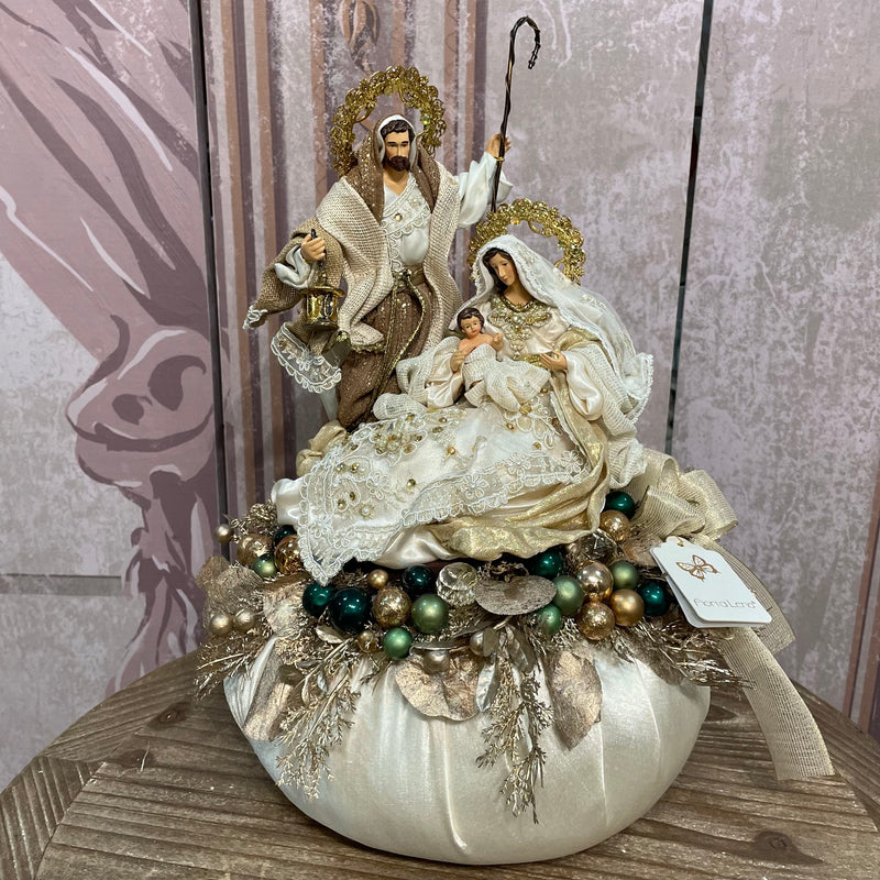 FIORI DI LENA Pouf Natalizio in Seta con Natività e Sferette Verdi