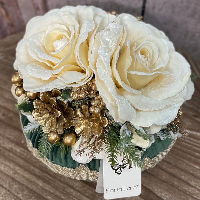 FIORI DI LENA Pouf Natalizio Verde Inglese 2 Rose in Velluto con Pizzo