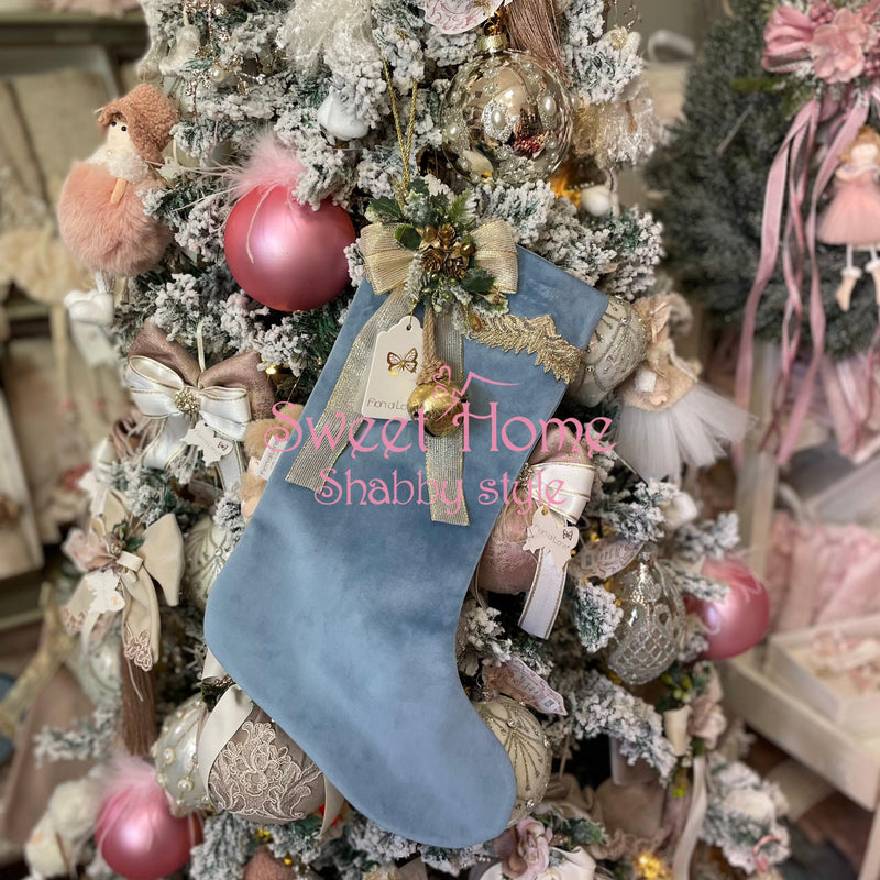 FIORI DI LENA Calza Natalizia In Velluto Celeste Con Campanello