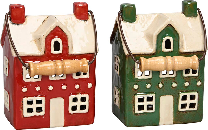 Casetta Portacandela in Ceramica con Manico in Legno