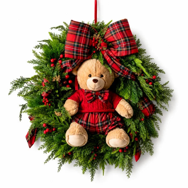 FIORI DI LENA Ghirlanda Natalizia con Teddy e Fiocco Tartan Ø 80 cm