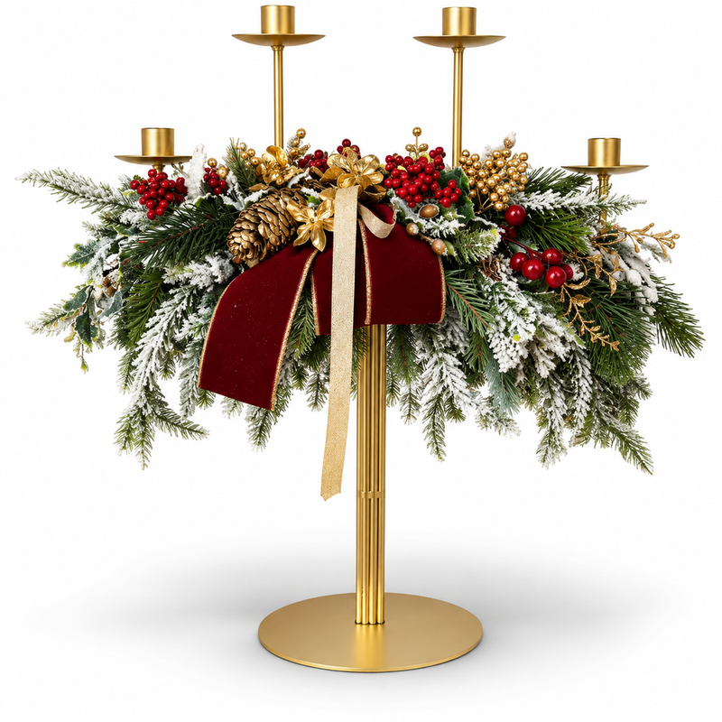 FIORI DI LENA Candeliere Natalizio a 4 Fiamme 65 cm Bordeaux