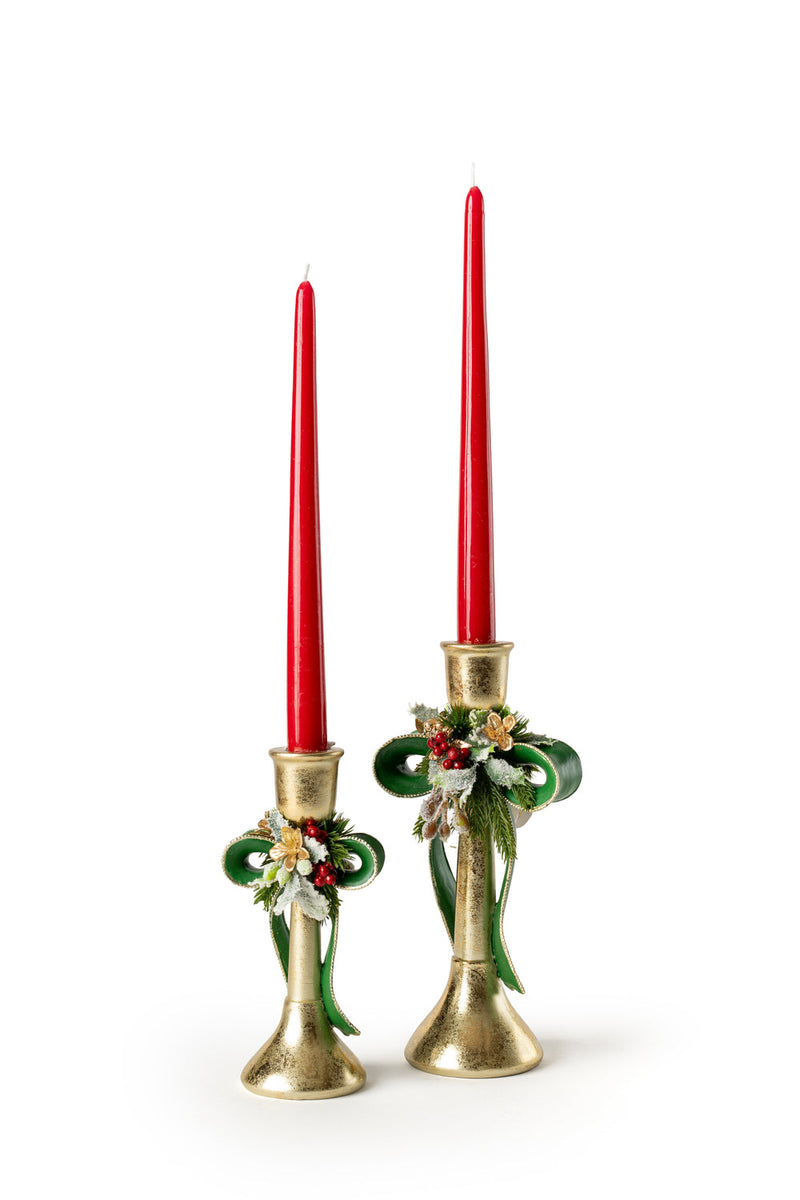 FIORI DI LENA Candeliere Natalizio Dorato in Resina con Fiocco Verde 20 o 26 cm