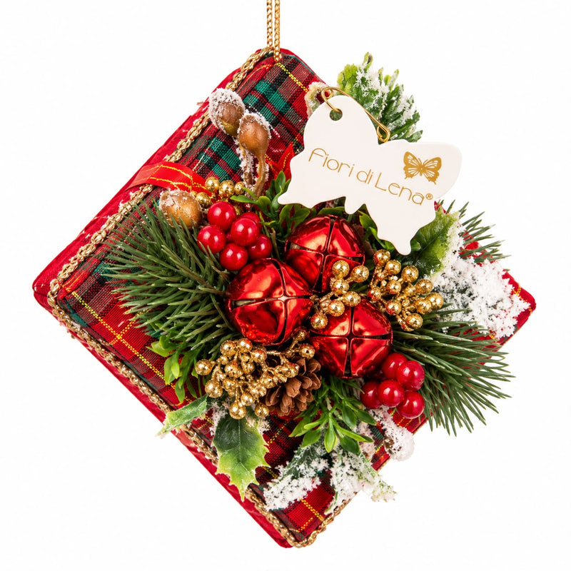 FIORI DI LENA Pacco Regalo Natalizio da Appendere Rosso e Tartan 14 cm