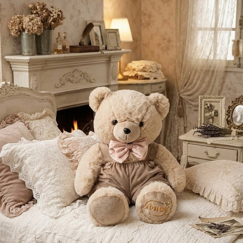 FIORI DI LENA Orsetto Grande Peluche con Salopette in Velluto Cognac 55 cm