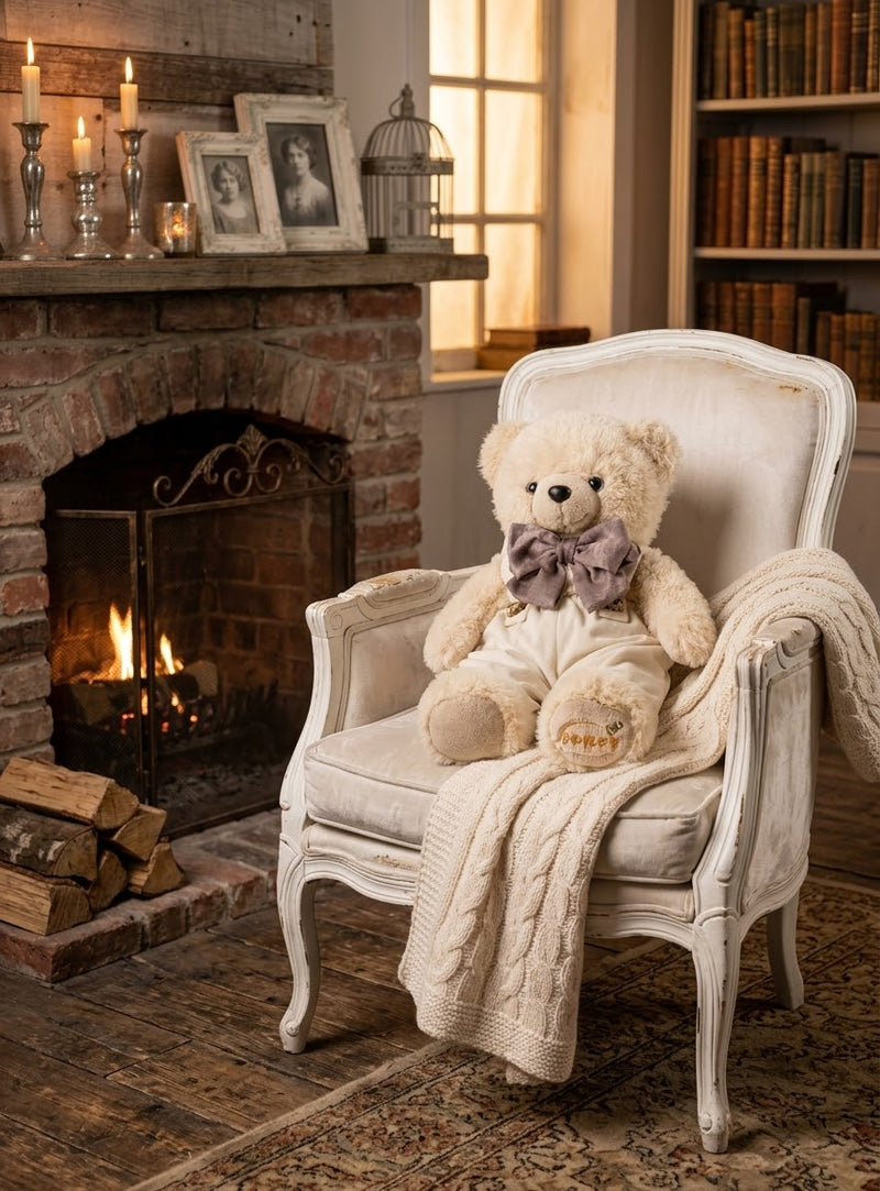 FIORI DI LENA Orsetto Peluche con Salopette in Velluto Avorio 55 cm