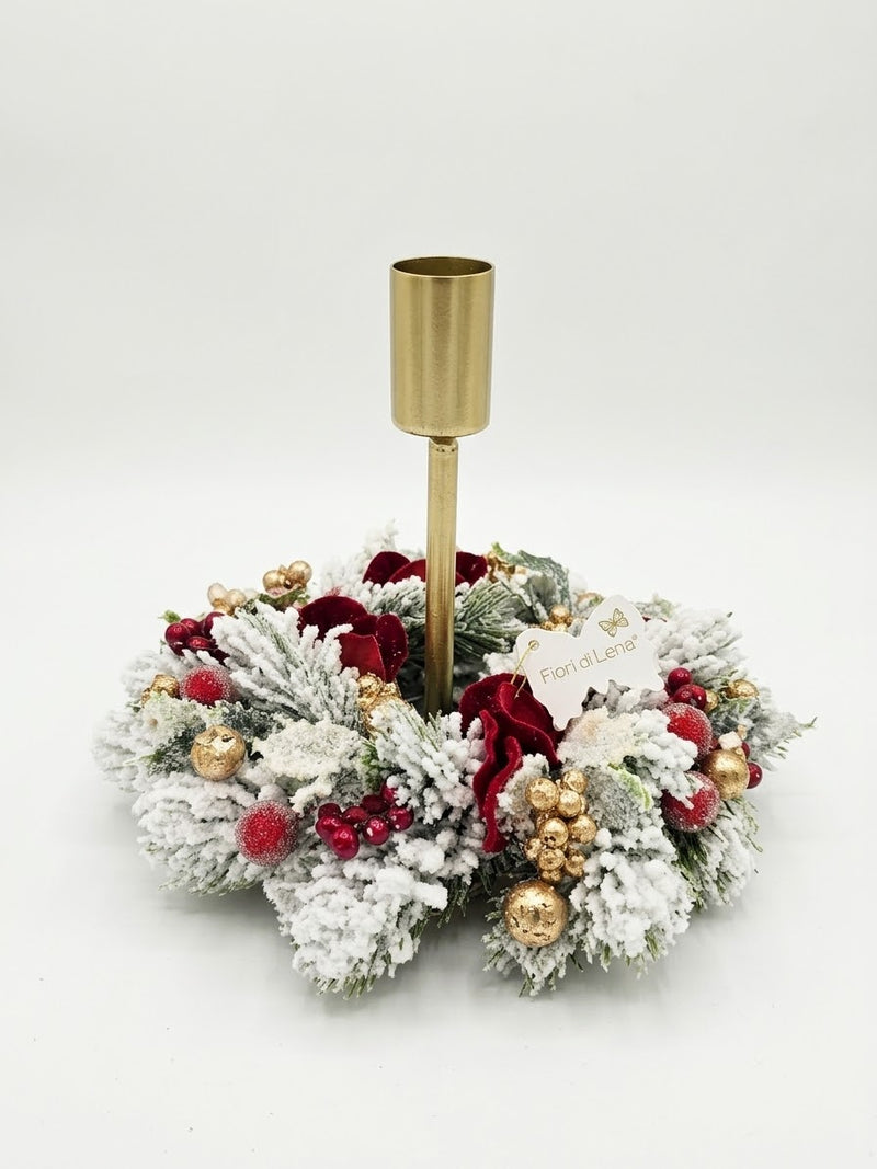 FIORI DI LENA Candeliere con Ghirlanda Natalizia Innevata Ø 20 × H 19 cm