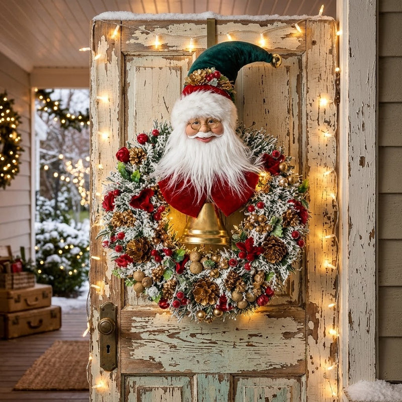 FIORI DI LENA Ghirlanda Natalizia con Babbo Natale e Campana H 54 cm