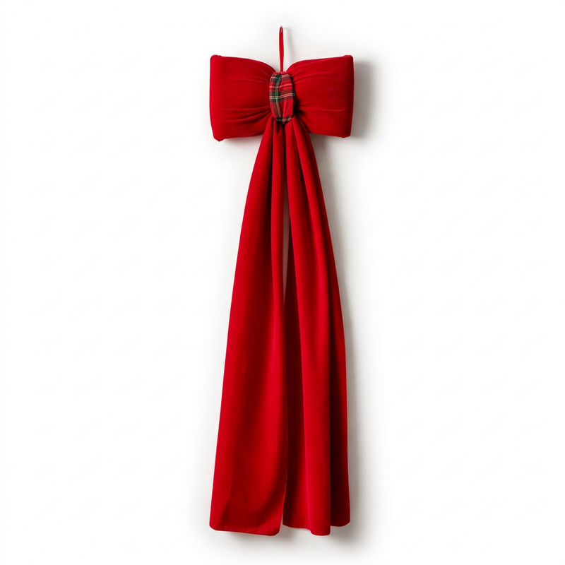FIORI DI LENA Fiocco Natalizio in Velluto Rosso con Nodo Tartan 230 cm