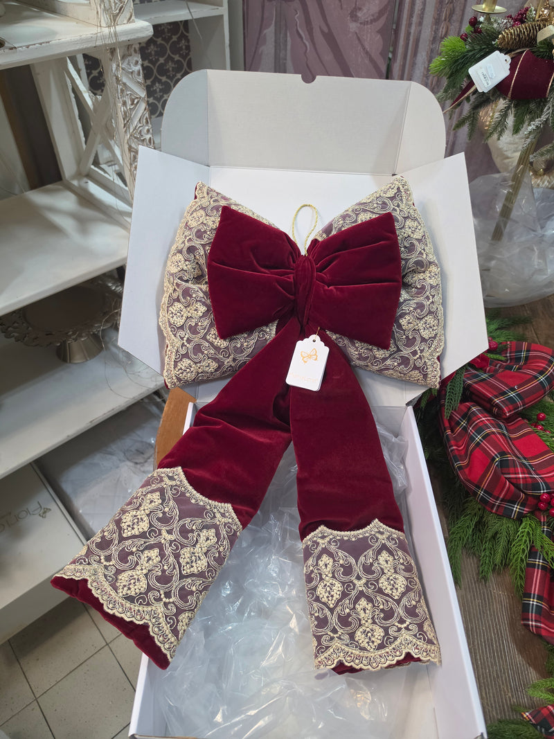 FIORI DI LENA Doppio Fiocco Natalizio Bordeaux con Pizzo Dorato 70 cm
