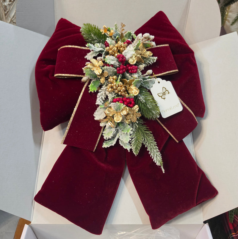 FIORI DI LENA Fiocco Bombato Bordeaux con Bacche e Decori Dorati 45 cm