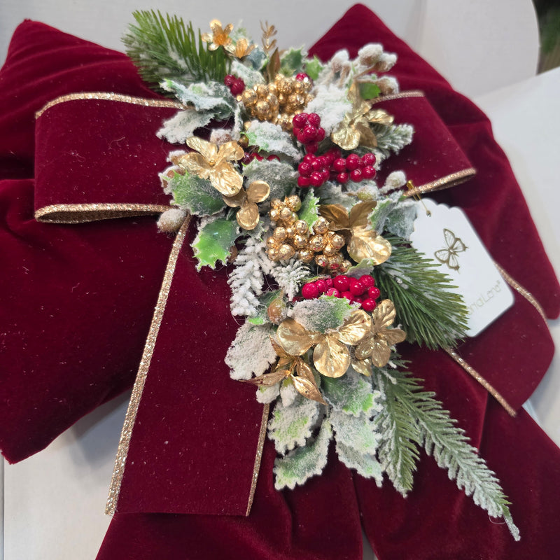 FIORI DI LENA Fiocco Bombato Bordeaux con Bacche e Decori Dorati 45 cm