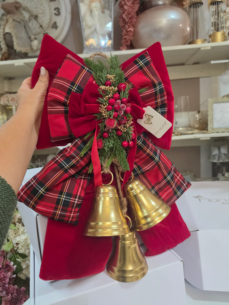 FIORI DI LENA Doppio Fiocco Natalizio Rosso e Tartan con Campane 48 cm