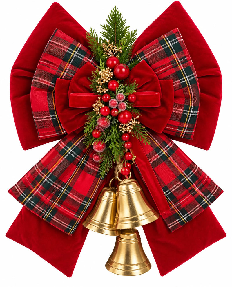 FIORI DI LENA Doppio Fiocco Natalizio Rosso e Tartan con Campane 48 cm
