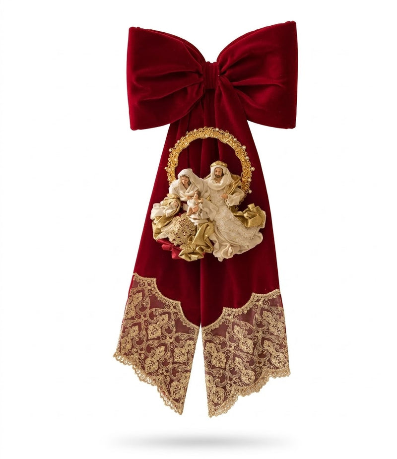 FIORI DI LENA Fiocco Natalizio in Velluto Bordeaux con Natività e Pizzo Dorato 70 cm