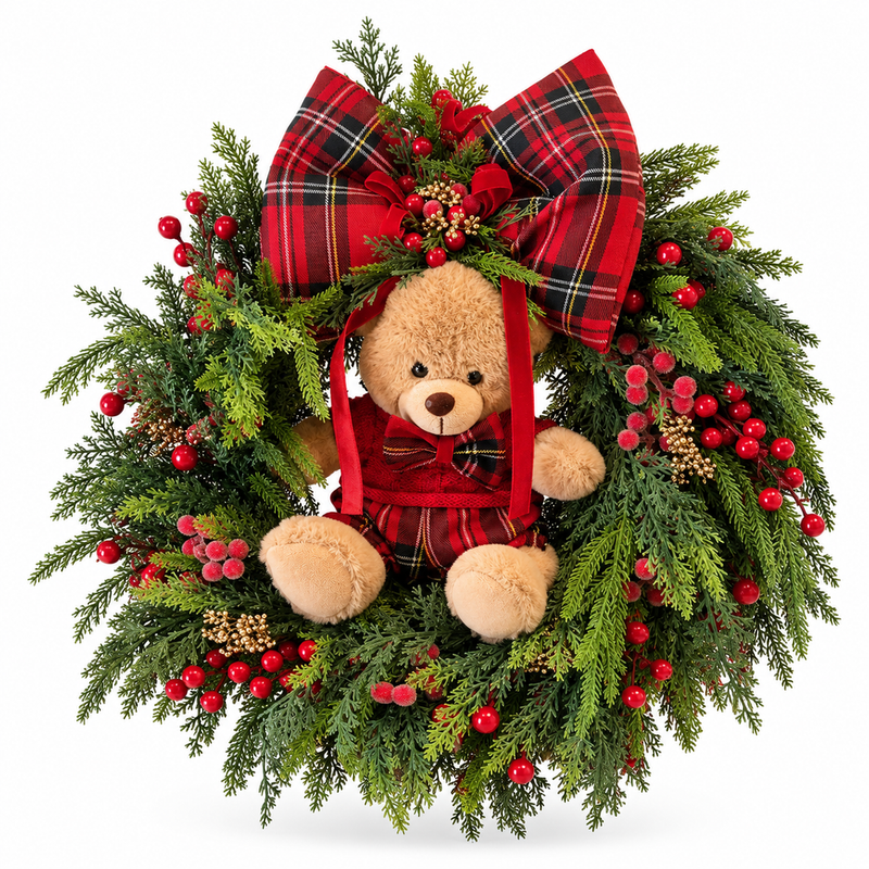 FIORI DI LENA Ghirlanda Natalizia con Teddy e Fiocco Tartan Ø 45 cm