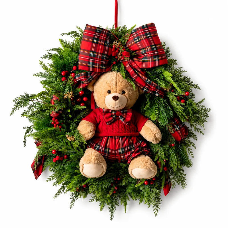 FIORI DI LENA Ghirlanda Natalizia Profumata con Teddy e Fiocco Tartan Ø 60 cm