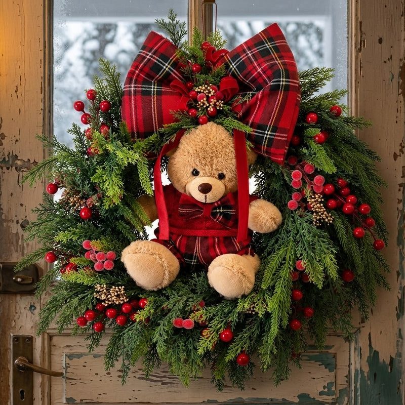 FIORI DI LENA Ghirlanda Natalizia con Teddy e Fiocco Tartan Ø 45 cm