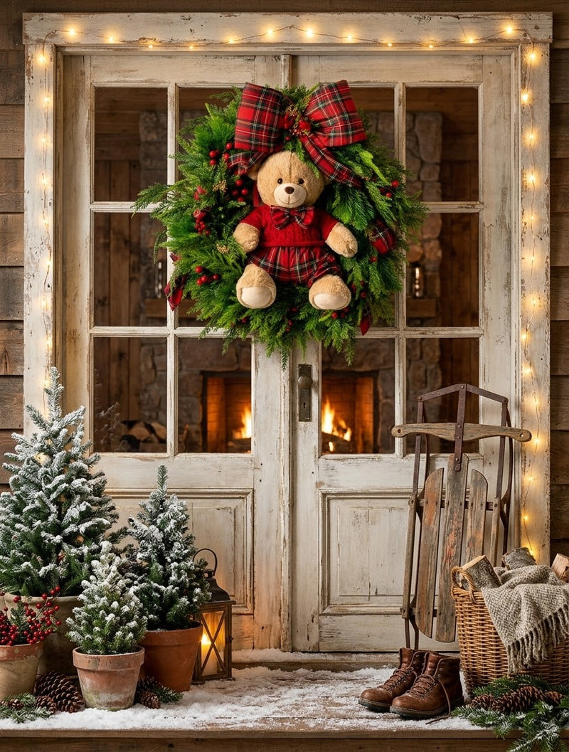 FIORI DI LENA Ghirlanda Natalizia Profumata con Teddy e Fiocco Tartan Ø 60 cm