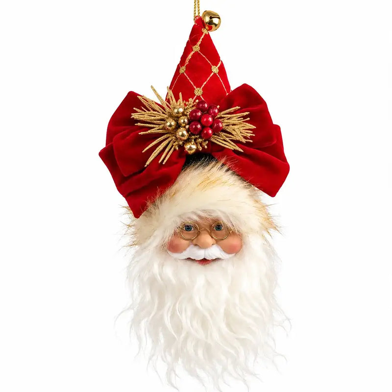 FIORI DI LENA Decoro Faccia Babbo Natale con Fiocco Rosso e Dettagli Dorati 18 cm