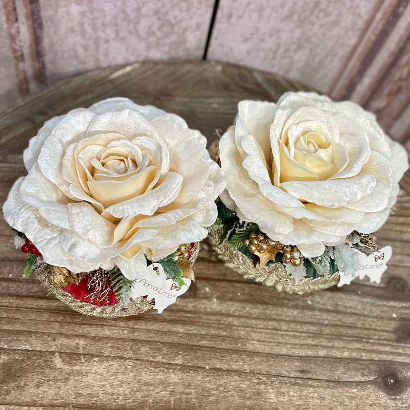 FIORI DI LENA Pouf Natalizio Rosso - Verdone e Rosa in Velluto con Pizzo