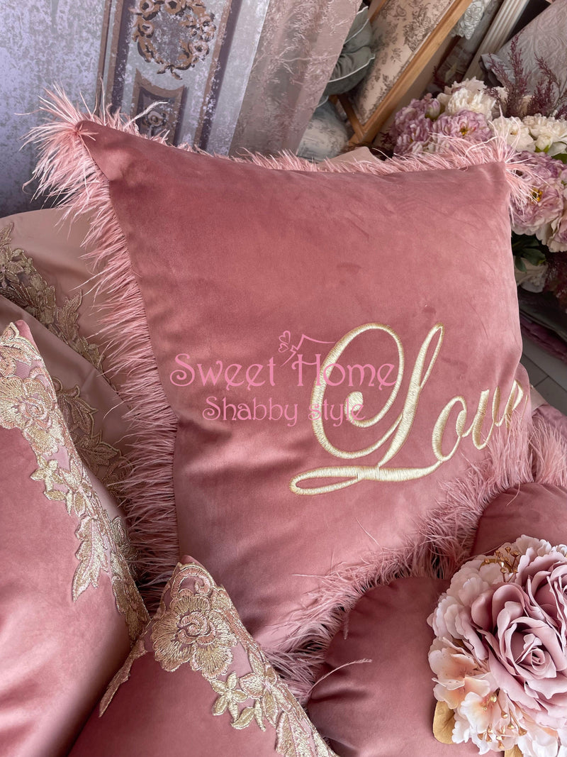 FIORI DI LENA Cuscino Quadrato in Velluto 60x60cm con Ricamo Love Con Piume