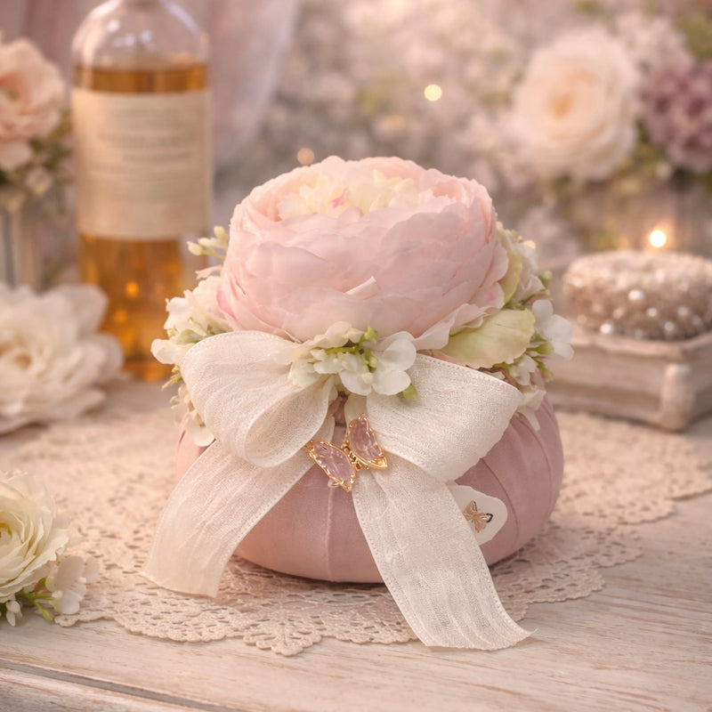 FIORI DI LENA Pouf con Ranuncolo e Applicazione Farfalla Rosa Antico