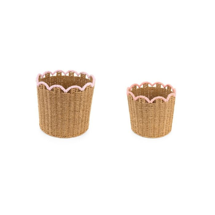Set 2 ceste tonde in vimini con bordo smerlato rosa Nuvole di Stoffa shabby chic