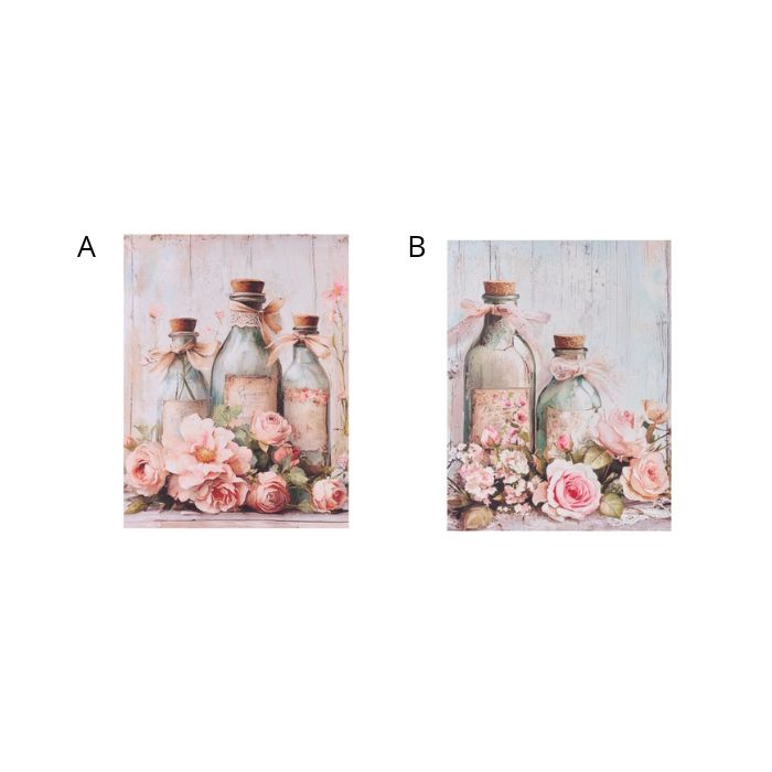 NUVOLE DI STOFFA Quadro Canvas Bottiglie Vintage con Rose Shabby Chic