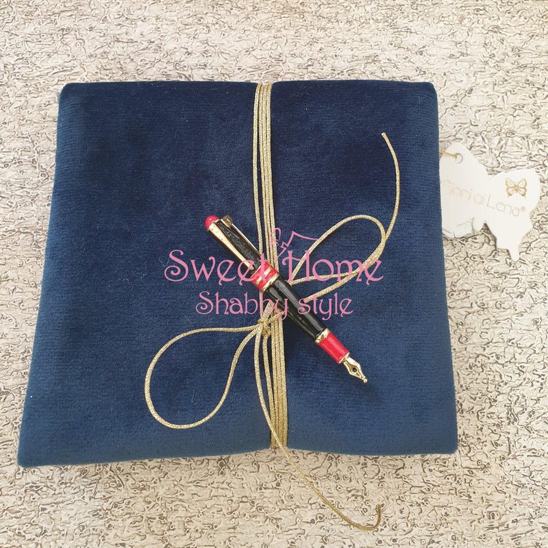 FIORI DI LENA Pochette in Velluto Blu Con Spilla Penna Made In Italy