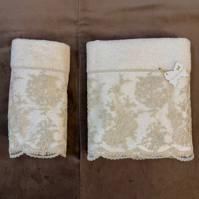 FIORI DI LENA Coppia Asciugamani Avorio con Pizzo Dorato