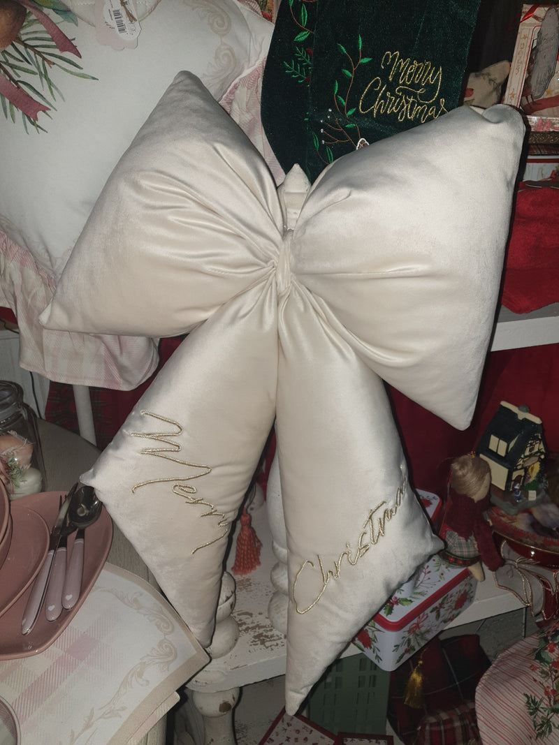 CLODETTE Fiocco Natalizio in Velluto con Scritta Ricamata "MERRY CHRISTMAS" Panna