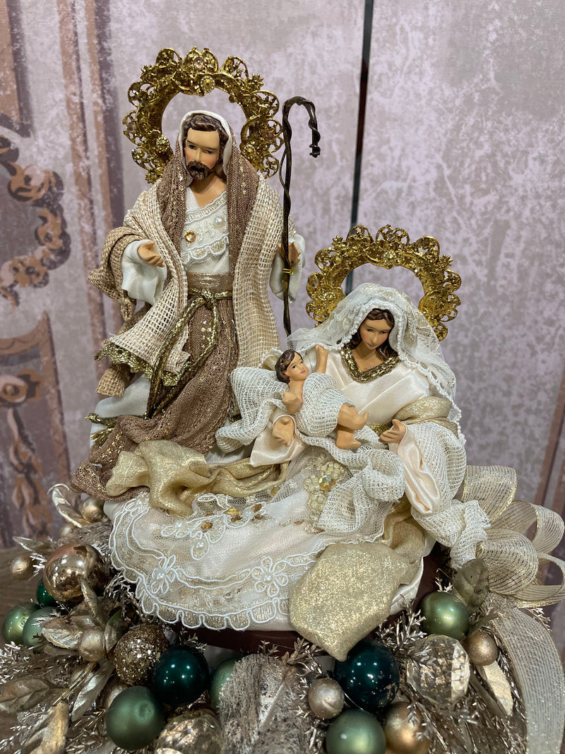 FIORI DI LENA Pouf Natalizio in Seta con Natività e Sferette Verdi 36cm