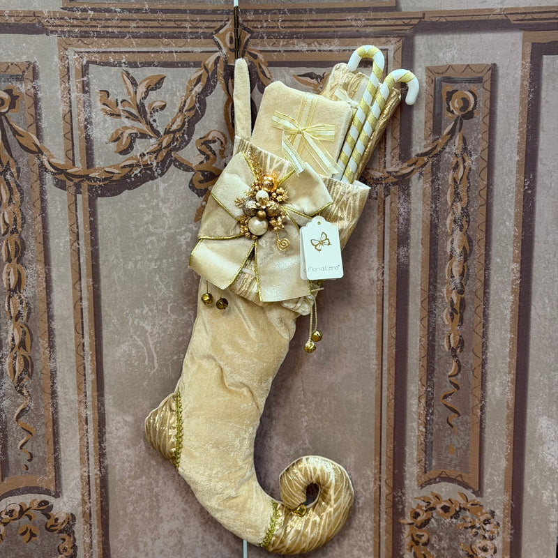 FIORI DI LENA Calza Natalizia Avorio E Dorato Con Fiocco Pacchetti Regalo E Bastoncini Decorativi H 60 Cm