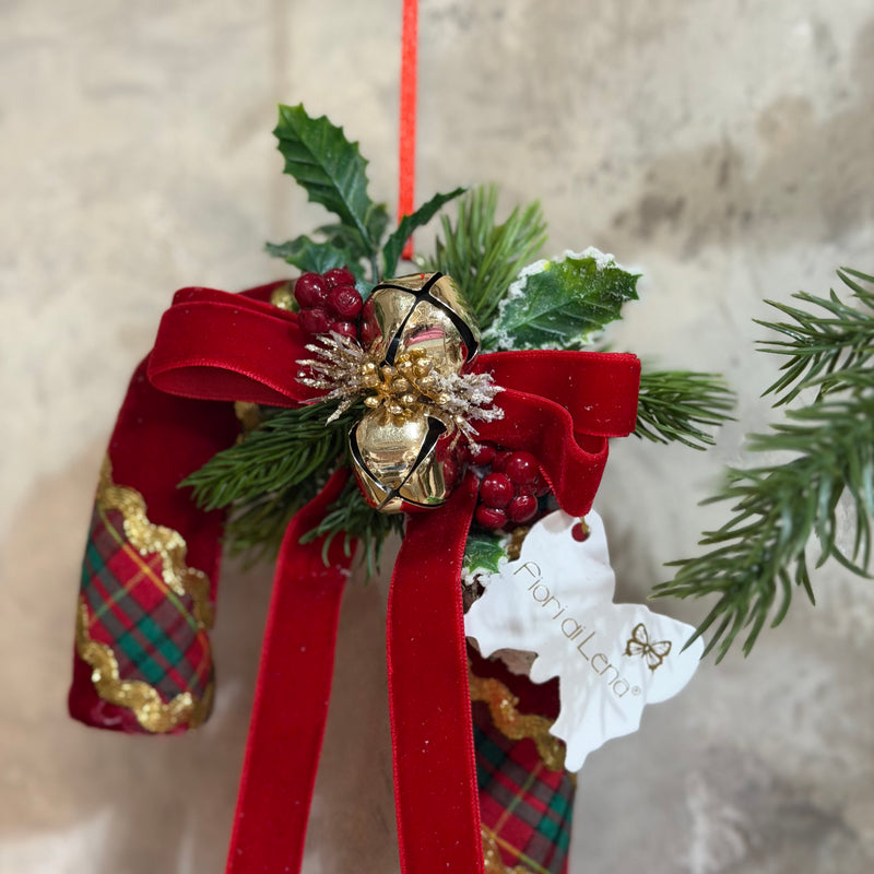 FIORI DI LENA Candy Cane Bastoncino Natalizio Rosso Tartan Con Fiocco Bacche E Campanelli Dorati 21 Cm