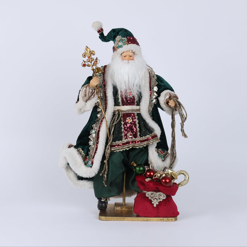 FIORI DI LENA Babbo Natale su Base in Legno con Abito Verde e Sacco Doni