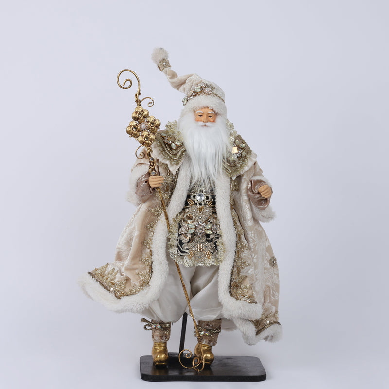 FIORI DI LENA Babbo Natale su Base in Legno con Abito Avorio e Dorato 46cm