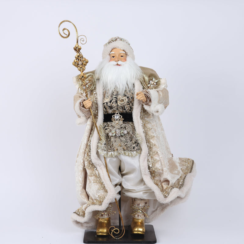 FIORI DI LENA Babbo Natale su Base in Legno con Abito Avorio e Dorato 64cm