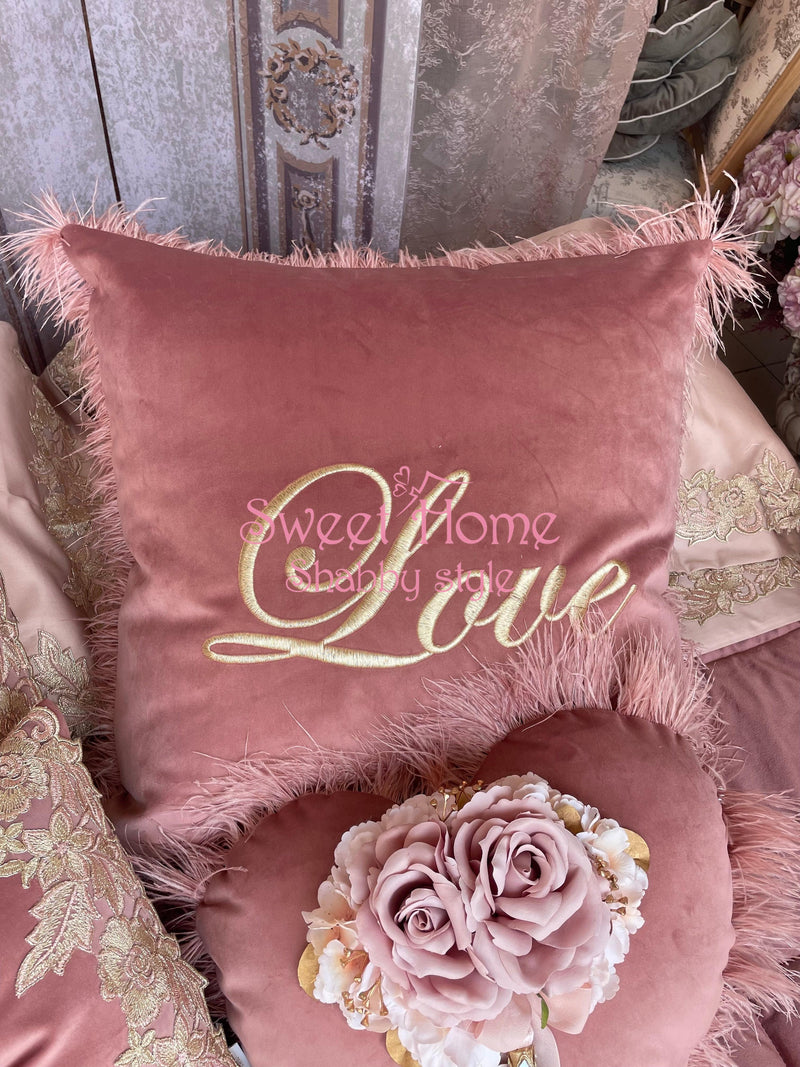 FIORI DI LENA Cuscino Quadrato in Velluto 60x60cm con Ricamo Love Con Piume