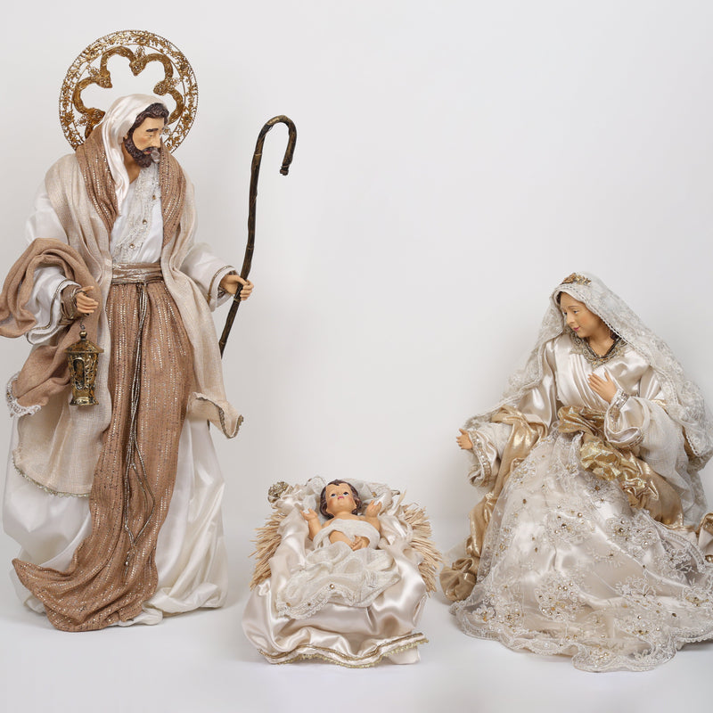 FIORI DI LENA Sacra Famiglia Natività con Abiti Avorio e Dorato 3 pezzi
