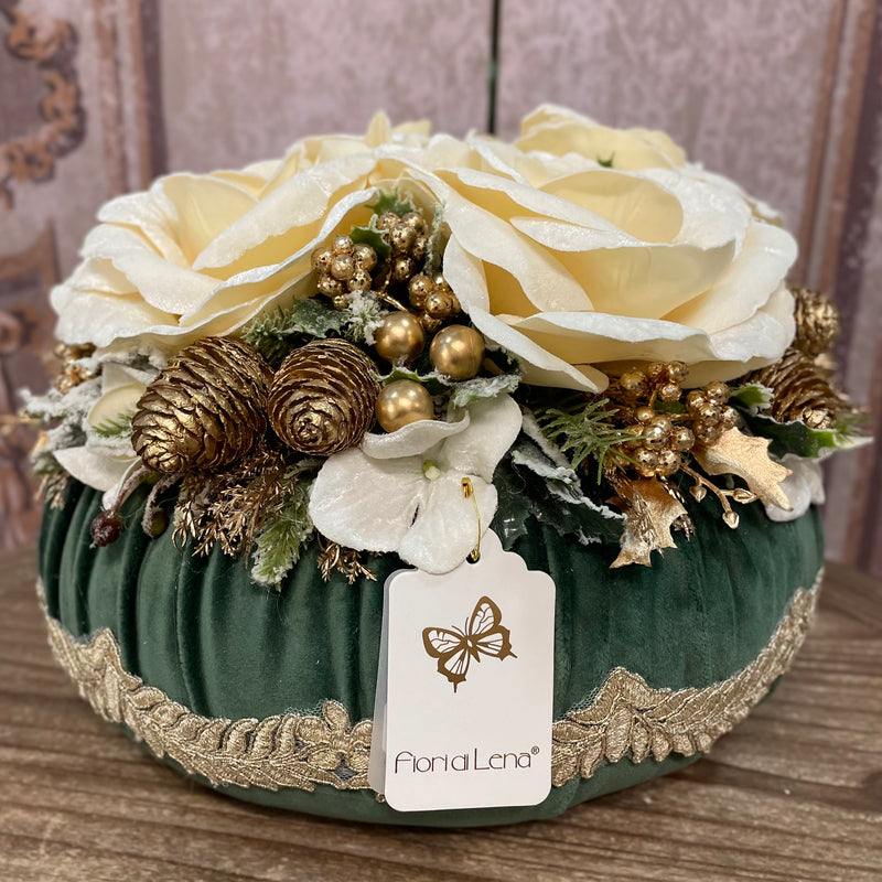 FIORI DI LENA Pouf Natalizio Verde Inglese 4 Rose in Velluto con Pizzo
