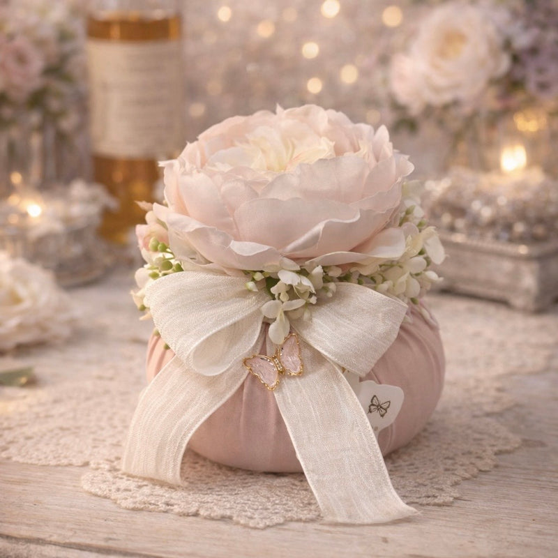 FIORI DI LENA Pouf con Peonia e Applicazione Farfalla