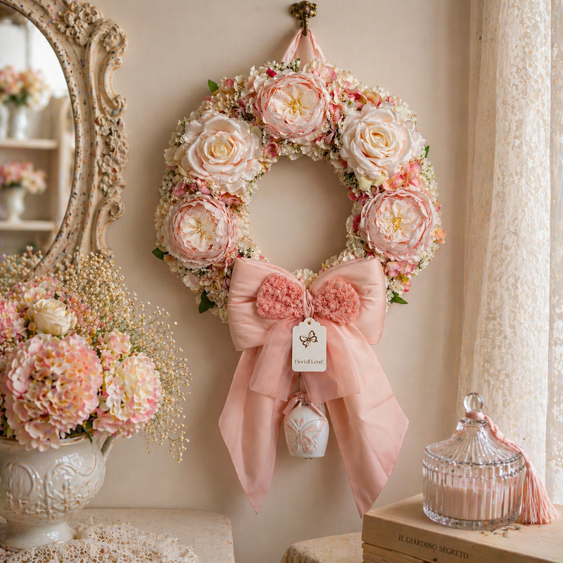 Ghirlanda floreale con peonie rosa cipria e campanule
Fiori di Lena
Vista frontale su sfondo neutro, stile shabby chic Made in Italy