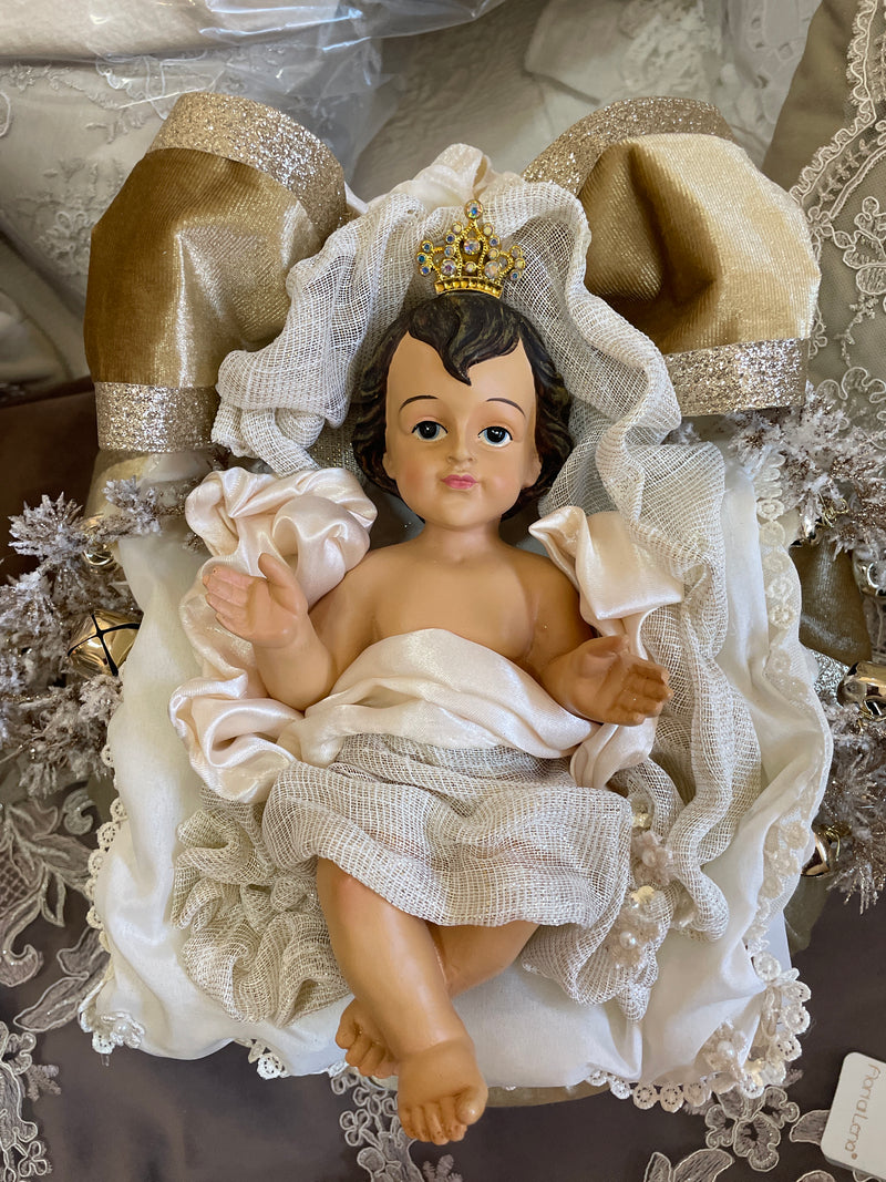 FIORI DI LENA Pouf Natalizio Nocciola in Seta con Bambinello e Campanelle