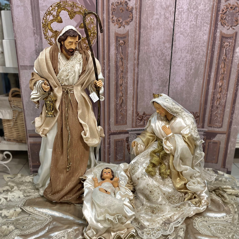 FIORI DI LENA Sacra Famiglia Natività con Abiti Avorio e Dorato 3 pezzi