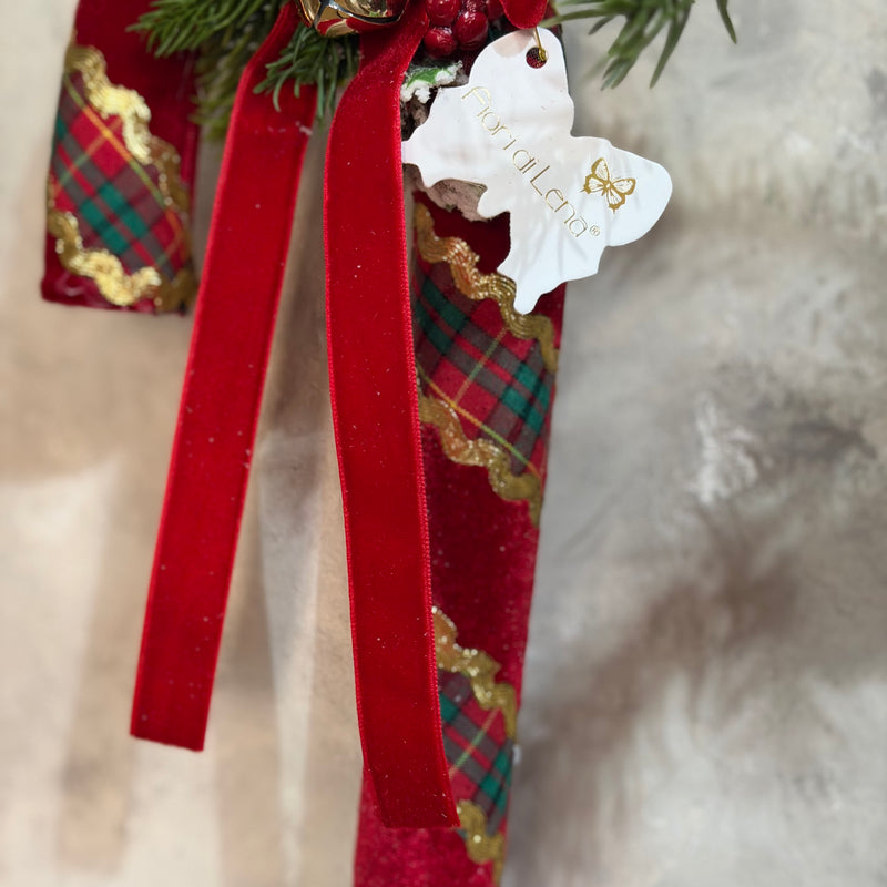 FIORI DI LENA Candy Cane Bastoncino Natalizio Rosso Tartan Con Fiocco Bacche E Campanelli Dorati 21 Cm