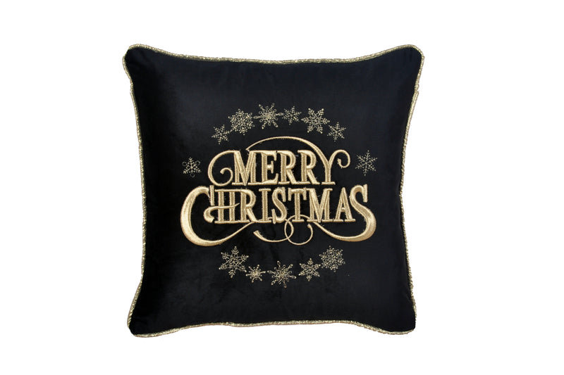 CLODETTE Cuscino Natalizio in Velluto Nero con Ricamo  "MERRY CHIRSTMAS" Dorato