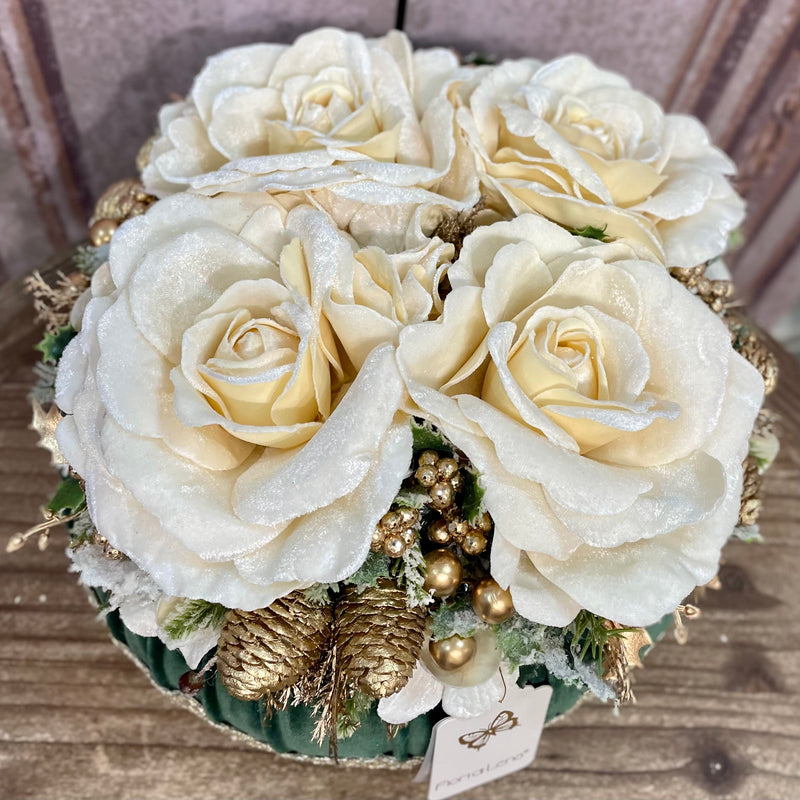 FIORI DI LENA Pouf Natalizio Verde Inglese 4 Rose in Velluto con Pizzo