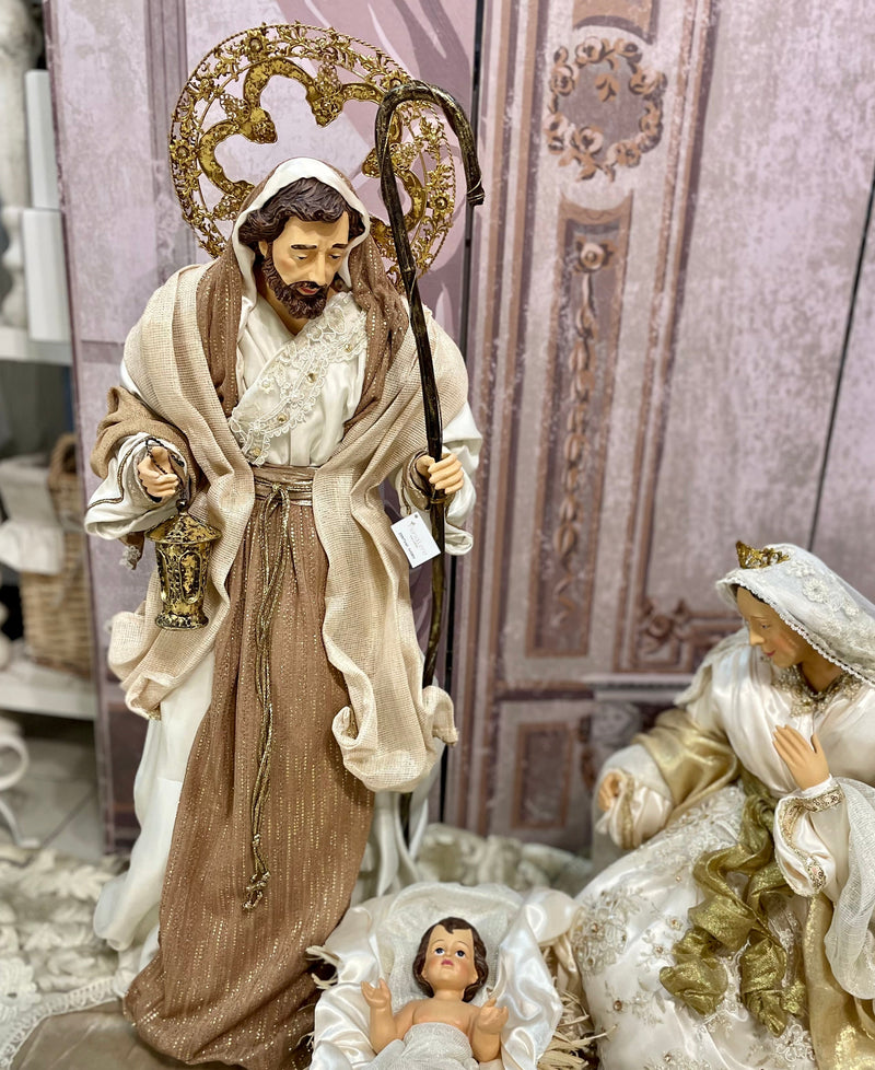 FIORI DI LENA Sacra Famiglia Natività con Abiti Avorio e Dorato 3 pezzi