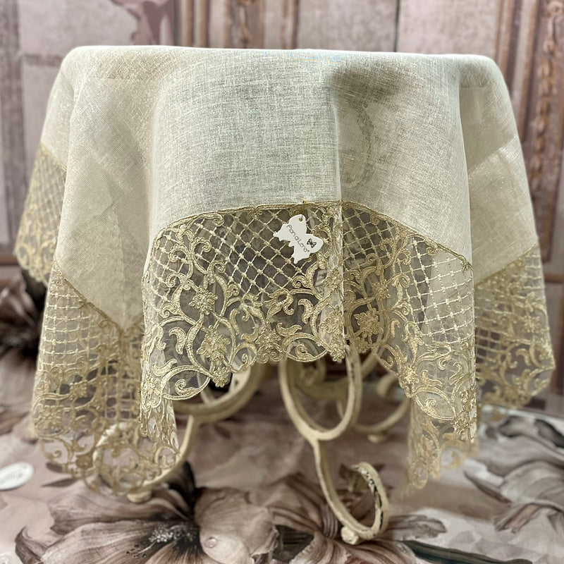FIORI DI LENA Copritavolo in Lino Bisso con Pizzo Retato Dorato 120cm